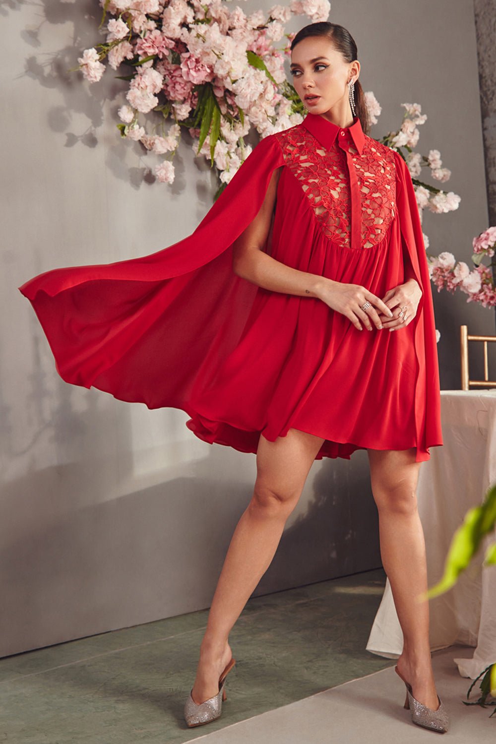 Ruby Red Lace And Georgette Mini Dress Zabella