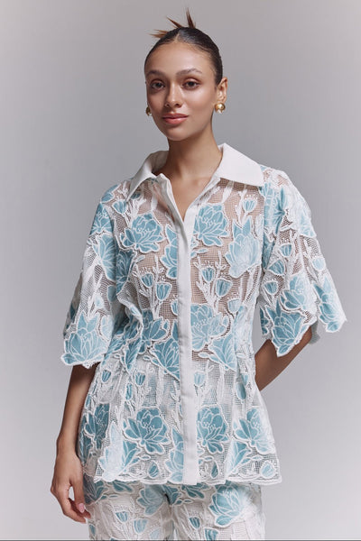 Tiffany Teal Velvet Lace Shirt - Zabella