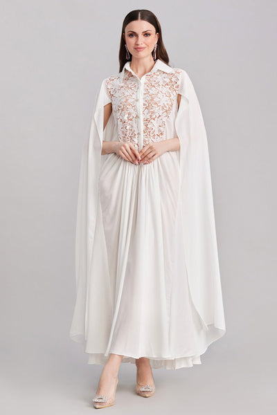 White Lace & Georgette Cape Dress - Zabella