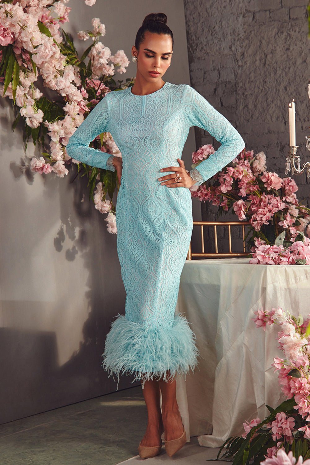 Powder Blue Lace And Feather Midi Dress Zabella