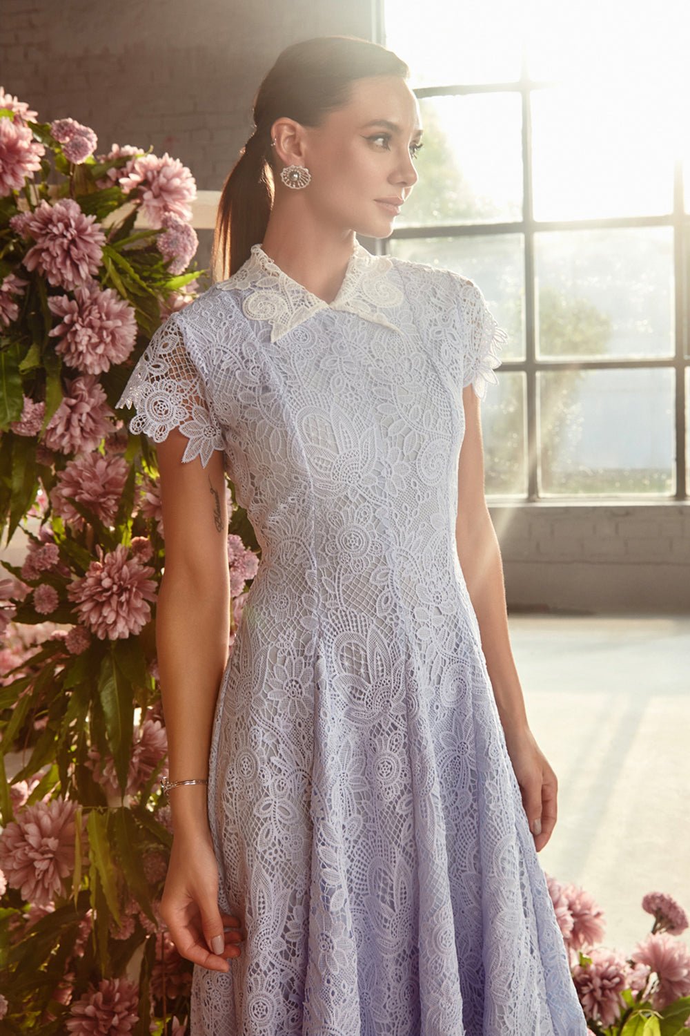 Powder Blue Lace Collar Midi Dress Zabella