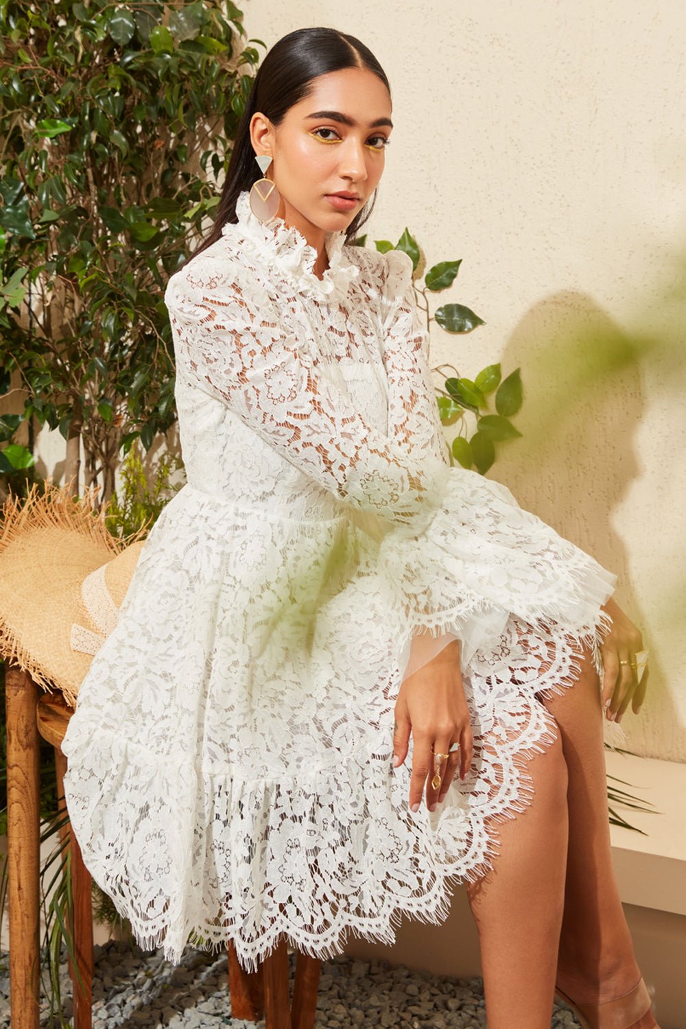 White Lace Bell Sleeve Dress Zabella